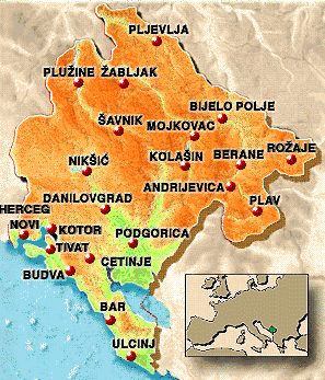 Mapa uzemí Černé Hory v současné době