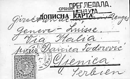 Korespondenční lístek odeslaný z Podgorice pro Červený kříž - Ženeva do Srbska
