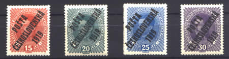 Rakouské známky opatřené přetiskem  Pošta Československá 1919