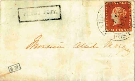 Oranžově červený Mauritius 1 penny POST OFFICE na krásně zachovalém dopise z roku 1847
