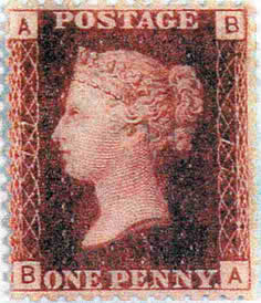 Červená 1 penny z let 1858 – 1879, tisková deska 77 (její číslo je umístěno vlevo i vpravo v orámování). Mimořádná vzácnost. Dnešní kat. cena činí 100 000 liber za nepoužitou a 80 000 liber za razítkovanou