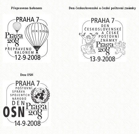 Příležitostná poštovní razítka na Světové výstavě poštovních známek PRAGA 2008 Příležitostná poštovní razítka na Světové výstavě poštovních známek PRAGA 2008