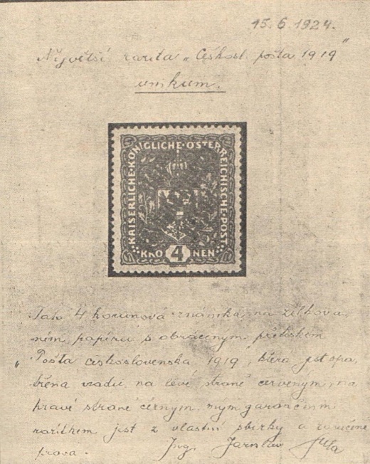 Z historie naší největší filatelistické rarity 4Kr PČ1919 na žilkovaném papíře s obráceným přetiskem Z historie naší největší filatelistické rarity 4Kr PČ1919 na žilkovaném papíře s obráceným přetiskem