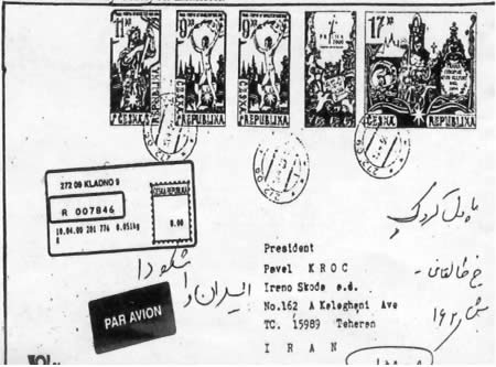 Doporučený dopis odeslaný 10. 4. 2000 z Kladna do Teheránu