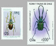 Roháč Chiasognathus granti na chilských známkách na znamkach z r. 1987 a 1995.
