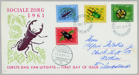 Série Nizozemské Nové Guineje (1961) na obálce prvního dne vydání adresované do tehdejší Spolkové Republiky Německa.