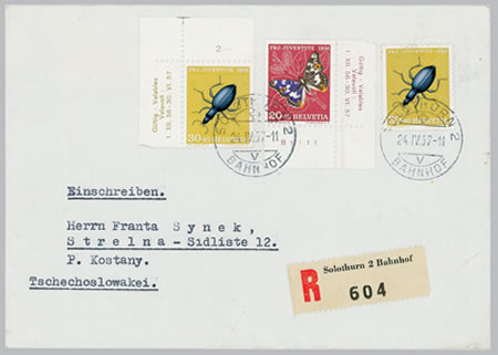 Poštovní použití švýcarských příplatkových známek (1953). Dvě z nich zobrazují střevlíka vrásčitého (Carabus intricatus), který tu na první pohled vypadá spíše jako stylizovaný nosatec.