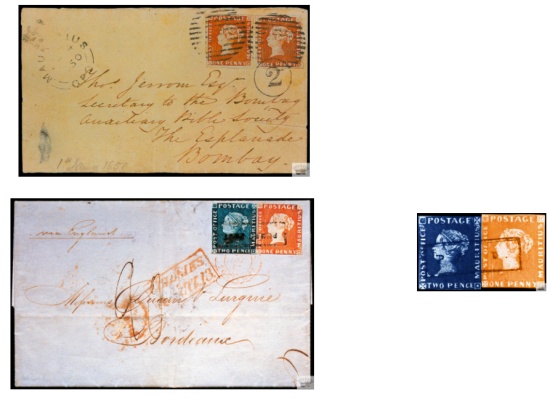 Dopisy s poštovními známkami 1 a 2 pence MAURITIUS POST OFFICE a POST PAID