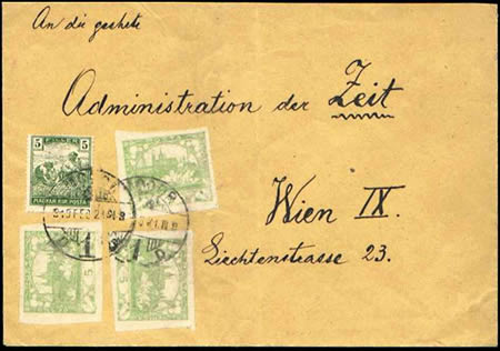 Psaní do 20 g zaslané 21. 2. 1919 z pošt. úřadu Modor (Modra) do Vídně