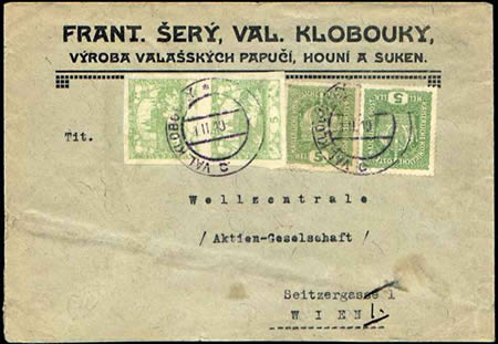Psaní do 20 g odeslané 1. 2. 1919 z Valašských klobouků do Vídně