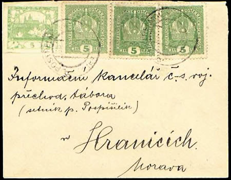 Psaní do 20 g odeslané 19. 2. 1919 z Postřelmova do hranic na Moravě