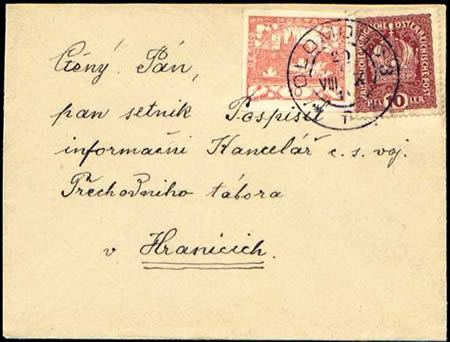 Psaní do 20 g odeslané 20. 1. 1919 z p.ú. Olomouc 3 (vzácné a atypické čs. provizorní pošmistrovské razítko) do Hranic na Moravě