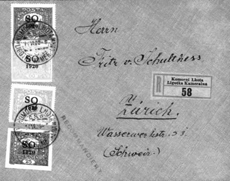 R-dopis s tříbarevnou frankaturou adresovaný do Švýcarska