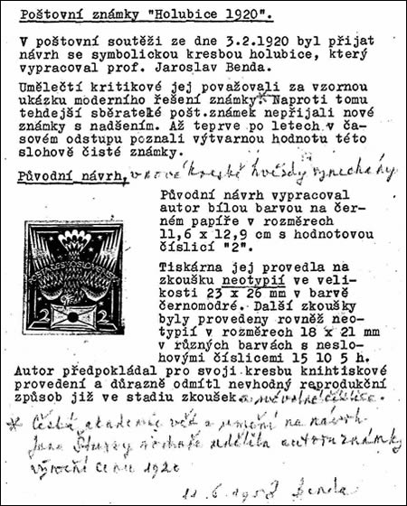 Merkur-Revue: Objev vlastnoručních poznámek prof. Bendy k emisi Holubice 1920 Merkur-Revue: Objev vlastnoručních poznámek prof. Bendy k emisi Holubice 1920