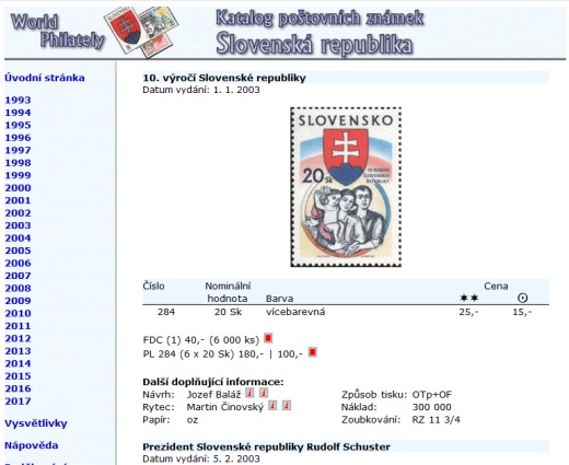 Novinka - ceník poštovních známek - Slovenská republika (1993-2017) - World Philately 2018