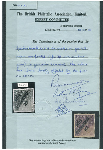 Opětovný prodej padělku 10 K Znak z emise PČ 1919 na žilkovaném papíru