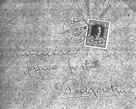 Dopis z území. které Černohorci osvobodili - Touz dopravovaný černohorskou civilní poštou