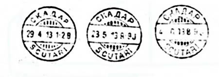 Tři různé podtypy černohorského razítka Skadar používané v 1. a 2. balkánské válce i za doby 1. světové války