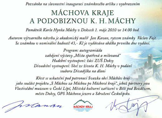 Pozvánka na slavnostní inauguraci známkového aršíku K. H. Máchy - Máchův kraj Pozvánka na slavnostní inauguraci známkového aršíku K. H. Máchy - Máchův kraj
