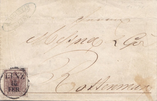 Rakousko 1850 - padělek rýhovaného papíru 6 Kr na celistvosti