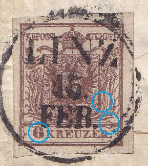 Rakousko 1850 - padělek rýhovaného papíru 6 Kr na celistvosti