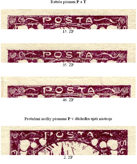 Retuše nápisu POŠTA hodnoty 3h I.TD emise HRADČANY Retuše nápisu POŠTA hodnoty 3h I.TD emise HRADČANY