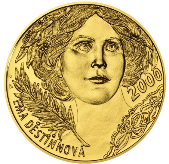 Zlatá investiční medaile s motivem 2000 Kč bankovky Ema Destinnová stand
